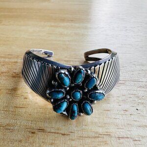 Vintage Navajo Stamped Tom Sterling Silver 9 Turquoise‎ Cabs Cuff Bracelet Deco